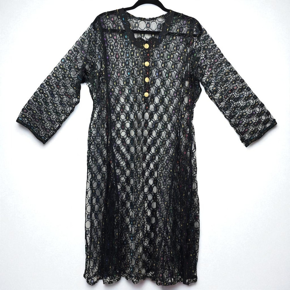 Lace Dress Woman Black Sheer Colored Sparkle Gold Button Whimsygoth Cover Up‎